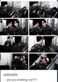 a collage of photos with two men talking to each other and one holding a cell phone