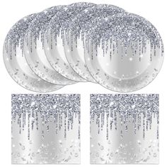 white and silver party decorations with glitter confetti on the top, set of 10