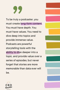 a colorful poster with the words 9 tips to be truly a podcaster you must create long - form content