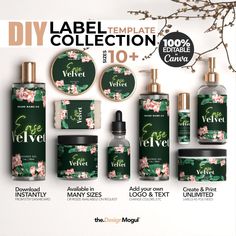 "SALE ENDING TODAY  TRENDING collection of  Green, Floral themed labels for your cosmetic or skincare product line. Personalize your brand quickly, by using a template and adding in all your details. Change the Fonts, Ornaments, add in your logo, then print at home or through online printing services like Avery.com or Onlinelabels.com! This is a DIGITAL DOWNLOAD and NOT a physical product. Also, this is one of the designs of a collection bundle in my store, So you will be getting a few more templates with it. (BONUS) ❤ WHAT IS INCLUDED JAR LABELS * 2\"x2\" Circle ( Fits into 4 oz / 6 oz jar lids perfectly) * 2.5\"x2.5\" Circle ( Fits into 8oz / 12 oz jar lids perfectly) * 3 \" Circle * 7.5 \" x 1.5\" Wraparound Cream Jar Label (fits most 4 oz jars) (Avery Presta® 94231) * 8.125 \" x 5\" Wr Skincare Labels Design, Cosmetic Product Label Design, Herbal Hair Oil Label Design, Velvet Diy, Beard Oil Essential Oils, Cosmetic Jar Label Design, Cosmetic Labels Design, Beauty Products Labels, Candle Label Template