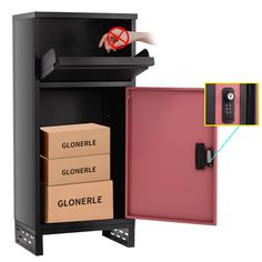 a black cabinet with three boxes and a red object in the middle that says glonerle