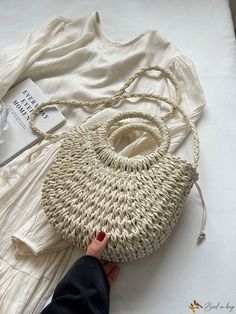 Bird in Bag - Exquisite Korean-Inspired Hand-Woven Straw Bag with Elegant Pendant - Perfect for Chic Women to Shop and Carry with Convenient Drawstring Closure White Open Weave Bag For Daily Use, White Woven Handheld Straw Bag, White Handheld Woven Straw Bag, Handheld White Woven Straw Bag, White Weaving Beach Bag, Spring White Bags With Open Weave, Eco-friendly White Open Weave Bag, White Crochet Bag With Braided Details For Everyday Use, Everyday White Crochet Bag With Braided Details