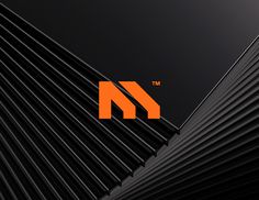 an orange and black logo is shown on the side of a dark background with wavy lines