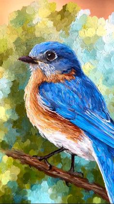 a painting of a blue bird perched on a branch