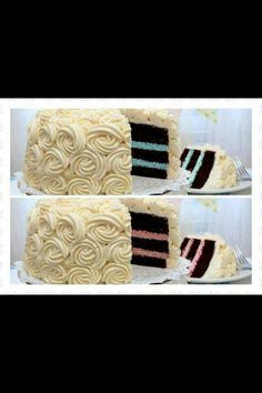 two pictures of a cake with white frosting and swirl designs on the side, one has a slice missing from it