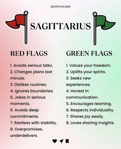 a red flag and green flags with the words sagittatius