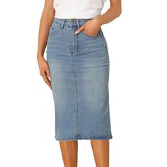 Elevate your style with this versatile and trendy denim skirt. Crafted from good quality denim, it offers both comfort and durability. The high waist design flatters your figure and accentuates your curves, while the stretchy fabric ensures a perfect fit. The midi length adds a touch of sophistication, making it suitable for various occasions. Whether you're going for a casual day out or a night on the town, this denim skirt is a must-have in your wardrobe. Pair this jean skirt with a tucked-in Midi Jean Skirt, Midi Jeans, Trendy Denim, Denim Skirt Women, Chic Woman, Bottom Clothes, Jean Skirt, Women's Casual, Stretchy Fabric