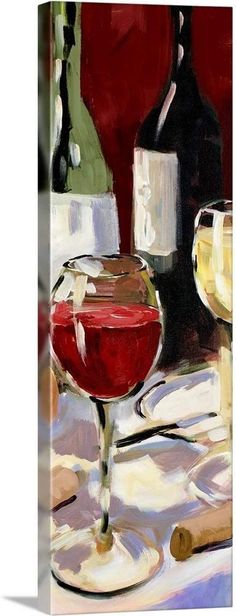 a painting of wine glasses and bottles on a table