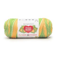 red heart flo - power yarn in green, yellow and orange colors on a white background