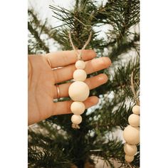 a hand is holding some beads on a tree