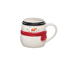 a snowman mug with a red scarf around it's neck and black rim