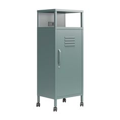 a tall metal storage cabinet on wheels