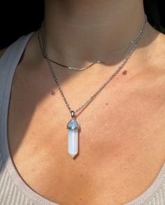 -Silver plated opalite pendant -Silver plated chain- tarnish resistant -Offered in multiple lengths White Stainless Steel Necklace With Silver Chain, Silver Moonstone Crystal Pendant Necklace, Spiritual Silver Opal Necklace, Silver Crystal Pendant Necklace With Silver Chain, White Stainless Steel Jewelry With Silver Chain, White Opal Spiritual Necklace, Silver Opal Minimalist Necklace, Nickel-free White Moonstone Necklace, Opalite Crystal Necklace