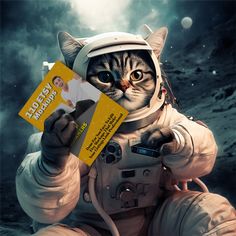 a cat wearing an astronaut's suit and holding up a yellow card in front of its face