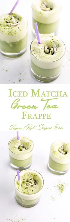 four different shots of green tea ice cream in small bowls with purple straws on top