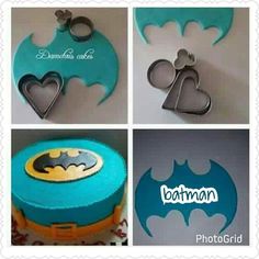 four pictures of batman themed cakes and cookie cutters