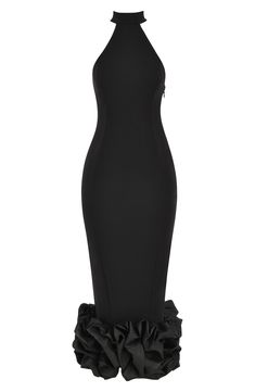 This curve-skimming cocktail dress makes a statement at any event with an elegant halter neck and a pouf of taffeta ruffles at the hem to bring the drama. Exclusive retailer Halter mock neck Unlined 92% polyester, 8% elastane with 51% polyester, 49% cotton contrast Dry clean Imported Damaged Clothes, Bandage Midi Dress, House Of Cb, Evening Cocktail, Wedding Cocktails, The Drama, Dress Jewelry, Neck Ruffle, Crepe Fabric