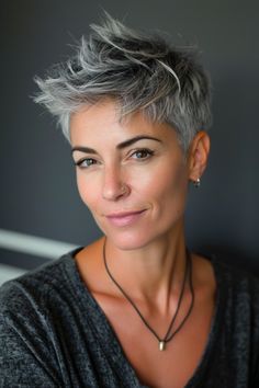 19 Gray Hair Pixie Cuts: The Ultimate Guide to Rocking Short Hair Short Funky Grey Hairstyles, Androgynous Pixie Cut, Embracing Gray Hair, Super Short Pixie, Gray Hair Pixie Cuts, Hair Today Gone Tomorrow, Funky Hair, Summer Blonde Hair, Long Pixie Hairstyles