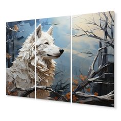 three paintings of white wolfs in the woods