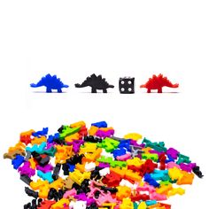 a pile of colorful plastic toys sitting on top of a white floor next to each other