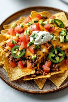 a plate filled with nachos topped with cheese and toppings on top of tortilla chips