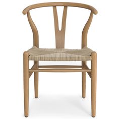 the wish chair is made from natural wood and has a woven seat pad on it