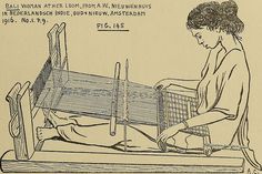 an old drawing of a woman weaving on a loom with the help of a machine