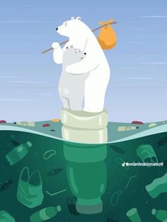 two polar bears standing on top of a plastic bottle floating in the ocean surrounded by trash