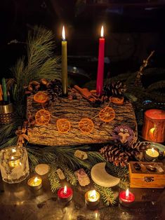 a table topped with lots of candles next to pine cones and orange slices on top of a piece of wood