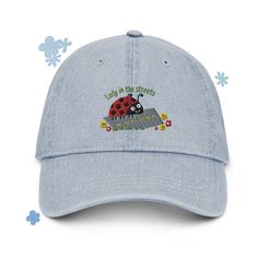 Unique, pigment dyed denim dad hat with ladybug and funny saying embroidered design. This hat is soft and lightweight, and is the perfect, easy accessory to add to almost any outfit. It would make a great gift too! * 100% cotton * 6-panel unstructured cap with a low profile * Soft crown * Adjustable strap * Head circumference: 21.65″-25.19″ (55 cm-64 cm) Ladybug Hat, Flower Bucket Hat, Boho Sweatshirt, Dyed Denim, Womens Hat, Boho Hat, Denim Hat, Funny Hats, Womens Baseball Cap