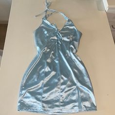 Never Worn, Brand New. Halter Top, Adjustable Ties And Zipper On The Back. Got For A Bday Dress A Year Ago In A Boutique In La But Didn’t Have A Chance To Wear. Angel La Cute Blue Dresses Short, Baby Blue Satin Dress, Light Blue Halter Dress, Angelic Dress, Angel Clothes, Bday Dress, Angel Dresses, Cute Blue Dresses, Blue Satin Dress