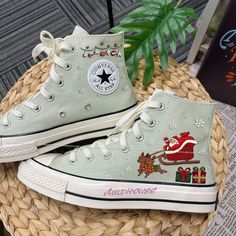 🌿 Love Embroidered Converse 🌿 ❤️ About Our Products: Each pair of shoes from our store is brand new and hand-embroidered to order. Please ensure you select the correct shoe size before checkout. The embroidery is durable and won't fade over time. ✨ Personal Expression: Showcase your unique style with custom embroidery! Contact me to create your own embroidered shoes with a private listing. I'll send you the design for approval before embroidering the shoes. Alternatively, you can design your patterns based on the shoe's plain spaces and send me a photo. 📏 Size & Color: Each listing includes a size and color chart. Follow the instructions to choose the best size for you. The size chart is standard. Note: Refer to the size guide in each listing to choose the appropriate size for your Conv Snowflakes Embroidery, Santa Claus Embroidery, Embroidery Sneakers, Embroidered Converse, Snowflake Embroidery, Sneaker Design, Embroidered Shoes, White Snowflake, Christmas Embroidery