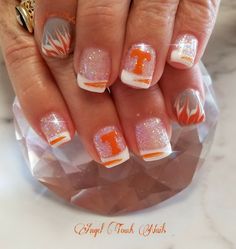 Ut Orange Nails, University Of Tn Nails, Vols Nails Tennessee, Orange Football Nails, Tennessee Nail Ideas, Tennessee Vols Nails Designs, University Of Tennessee Nails, Tennessee Nails Volunteers