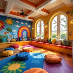 a brightly colored room with large windows and colorful rugs