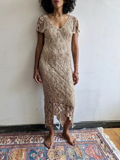 Vintage Beige Knitted Lace V-Neck Midi Dress. Stretchy fitted base layer with floral lace overlay. Flowing short sleeves. Sz small.  Measurements:  Length: 53" Bust: 26" Waist: 27" Hip: 30"  *measurements are taken seam to seam while lying flat. *doubled for bust, waist and hips. *Model wears size small/4. Pants size 27/28. Bust 32D. Follow along at @spaghetti_strap Knitted Lace, V Neck Midi Dress, Lace Overlay, Dress Clothes For Women, Floral Lace, Labour Day, Spaghetti Strap, Dress Outfits, Bathing Beauties