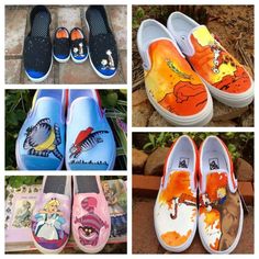 several pictures of painted shoes with cartoon characters on them