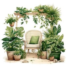 a white chair surrounded by potted plants