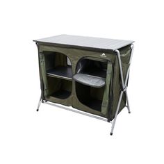 an outdoor camping table with two open compartments