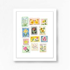 a white framed wall with flowers and butterflies on it