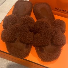 Hermes Fur Teddy Oran Size 37 7 Brown Color. Comes With Box Ribbon Dustbags Shopping Bag Box Ribbon, Hermes Shoes, Brown Color, Women's Shoes Sandals, Size 7, Ribbon, Women Shoes, Sandals, Women Shopping