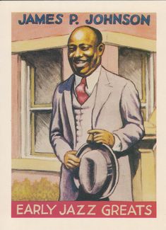 a man in a suit and tie holding a hat with the words early jazz greats on it