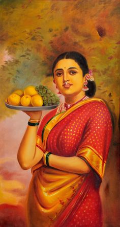 a painting of a woman holding a plate with lemons on it