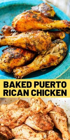 baked puerto rican chicken on a blue plate with text overlay that reads baked puerto rican chicken