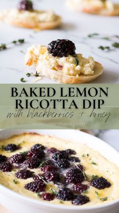 baked lemon ricotta dip with blackberrys and honey