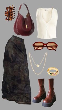 Bass Show Outfit, Ramon Ayala Concert Outfit, Outfits For Bartending For Women, Creative Casual Outfits, Rectangle Figure Outfits, Earthy Chic Outfits, Earthy Skirt Outfit, Party Outfit 2024, Brown Skirt Outfit Summer