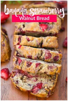 banana strawberry walnut bread cut into slices on a cutting board with strawberries and raspberries in the background