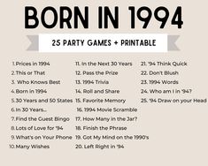 a poster with the words born in 1994 and 25 party games + printables