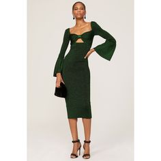 Green knit (45% Polyamide, 42% Viscose, 13% Metallized Fiber). Hourglass. Long sleeves. Sweetheart. Pull on. 51.5" from shoulder to hemline. Imported. Celebrity Winter Style, Tulip Sleeve, Self Portrait Dress, Metallic Knit, Holiday Party Dresses, Green Midi Dress, Knit Midi, Vintage Glamour, Knit Midi Dress