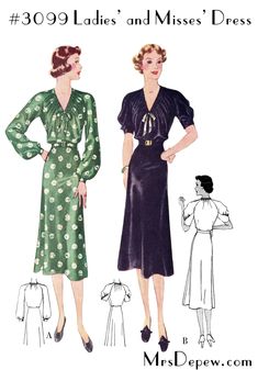 "This is a digital, print-at-home reproduction pattern for a misses' long or short sleeve day dress from 1937. The pattern includes a gathered v-neckline and back neck, two-piece skirt, a belted/ tie waist, and raglan sleeves in long or short versions with great gathering details. Size: 38 38\" bust, 32\" waist. One Size only at this time. Instructions in English are included. INCLUDED FREE! Included with your digital pattern is a free 53-page dressmaking lesson e-book. Pre 1940s sewing pattern Raglan Sleeve Dress, 1940s Dress Pattern, 1969 Fashion, Blithe Spirit, Bright Room, Sea Dress, Vintage Dress Patterns, 1930s Fashion, Womens Sewing Patterns