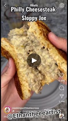 a person holding a piece of food in their hand with the words phily cheesesteak sloppy joe on it